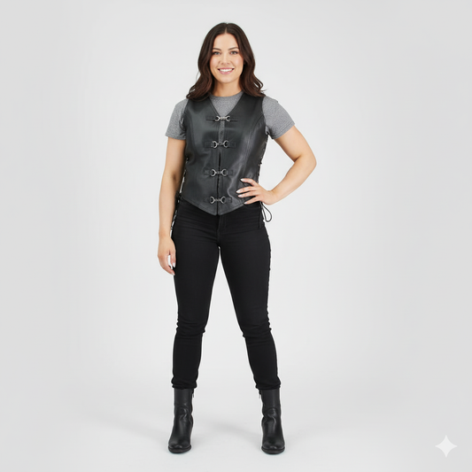Women's black leather moto vest with asymmetrical zipper, notched lapels, and three decorative side buckles.