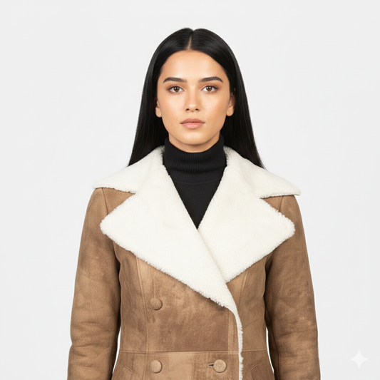 Double-breasted suede midi coat for women featuring tonal buttons and plush white fur trim.
