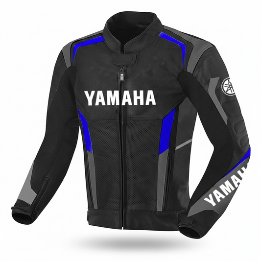 Yamaha black and blue leather motorcycle racing jacket.