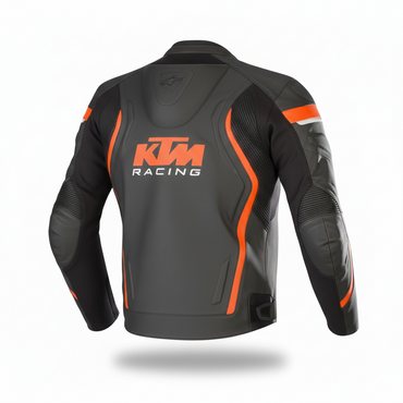 Detailed view of the KTM chest logo, external shoulder sliders, and technical stretch panels on a black racing jacket.