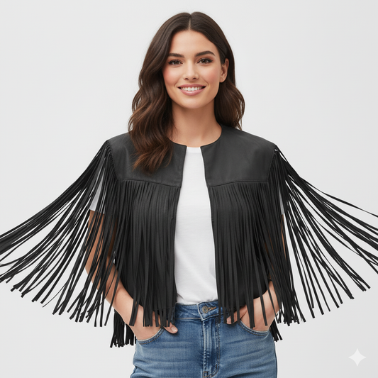 Women's black leather fringe cape vest with long, flowing fringe on the arms and sides.