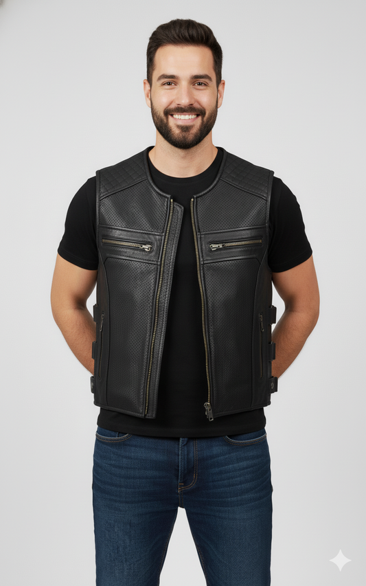 Close-up of a man wearing a black leather vest featuring a perforated texture on the body and quilted leather on the chest/shoulders.