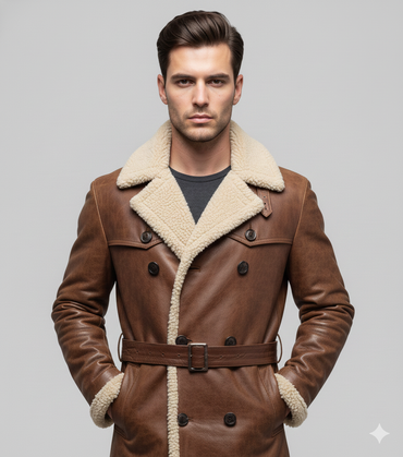 Longline brown leather winter overcoat for men featuring a plush cream shearling collar and belted waist.