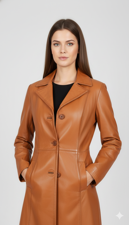 Mid-length warm tan leather-look jacket for women featuring tonal buttons and structural princess seams.