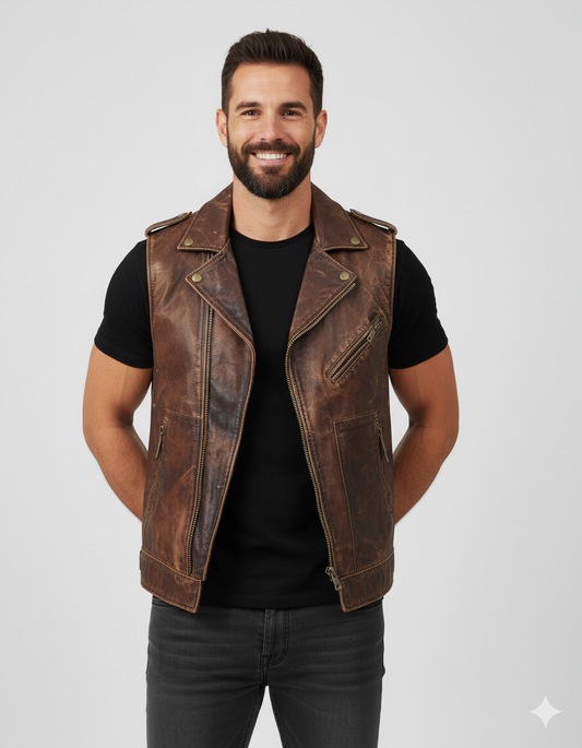 Close-up showing the smooth brown leather texture of the vest body and the darker contrasting leather on the shoulder yoke.