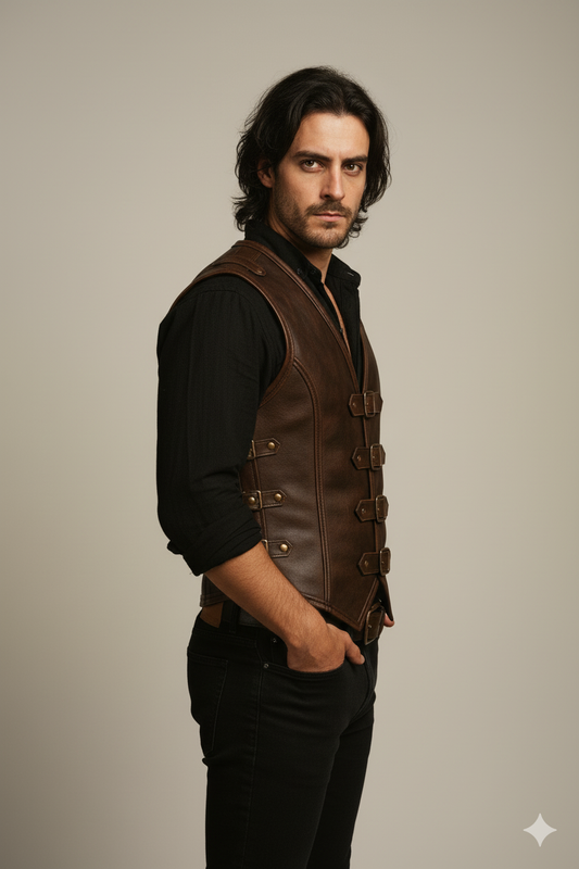 Close-up of a dark brown leather fantasy vest with brass-colored hardware, worn by a man with dark hair.