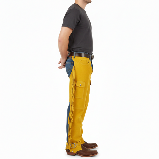 Close-up of the vibrant yellow suede texture, thigh cargo pocket, and silver buckle hardware on professional riding chaps.