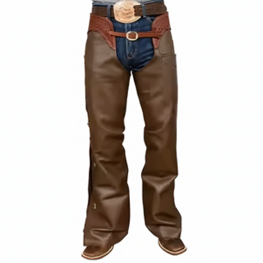 Men's hickory brown leather western chaps with a basketweave tooled yoke and dual buckle closure.