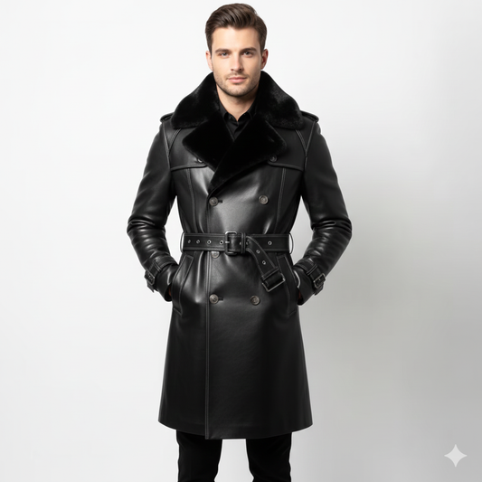 Men's obsidian black leather trench coat with black shearling collar and white contrast stitching.
