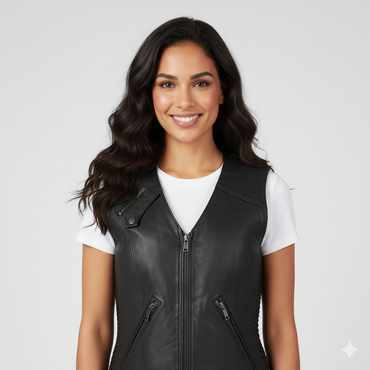 Woman wearing a black zip-front leather-look vest over a white long-sleeve t-shirt, blue denim jeans, and black ankle boots.