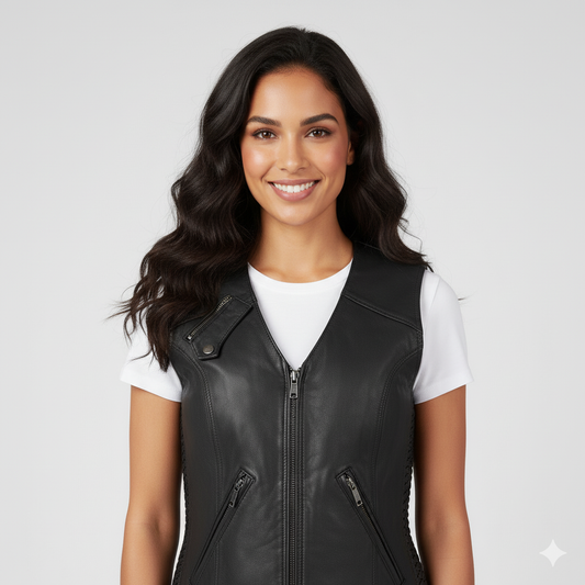 Woman wearing a black zip-front leather-look vest over a white long-sleeve t-shirt, blue denim jeans, and black ankle boots.