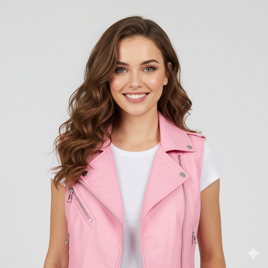 Close-up of the bright pink leather material and the asymmetrical zip on the women's biker vest.
