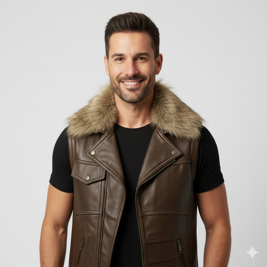 Full body shot of a man wearing a brown leather motorcycle vest with a fur-trimmed collar over a black t-shirt and dark wash jeans.