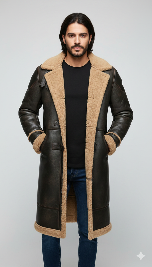 Men's espresso brown leather maxi trench coat with high-contrast tan shearling lining and collar.