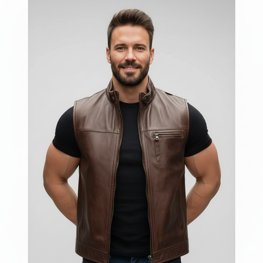 Men's sleek dark brown leather vest with a stand-up collar, full front zipper, and zippered chest pocket.