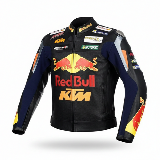 KTM Red Bull black and orange leather motorcycle racing jacket.