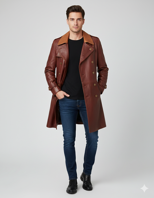 Men's mahogany leather double-breasted trench coat with tan contrast lapels and metallic buttons.