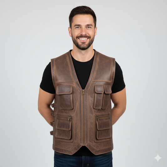 Close-up showing the texture of the distressed brown leather, the metal zipper, and the side buckle adjustments.