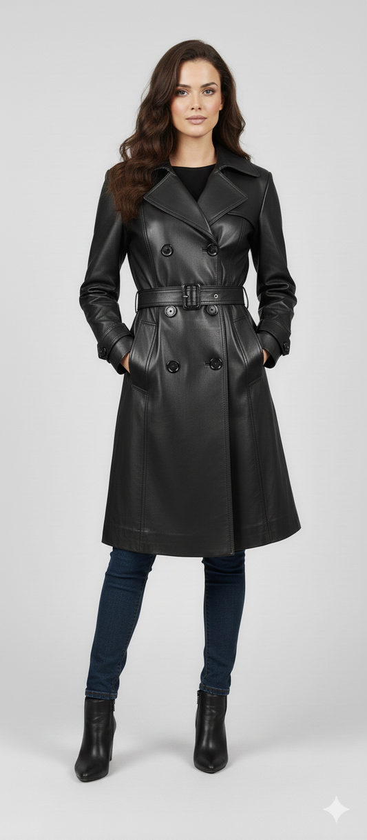Midi-length black leather jacket for women featuring shoulder epaulettes, notched lapels, and buckled cuffs.
