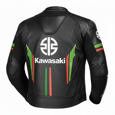 Detailed view of the Kawasaki chest logo, perforated leather panels, and racing sponsor branding on a professional jacket.