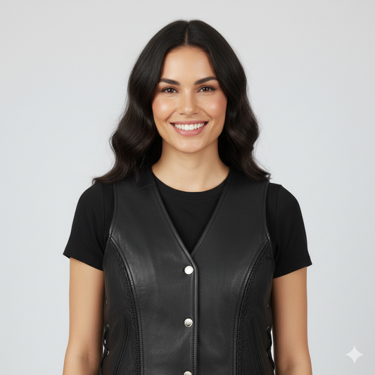 Woman wearing a fitted black leather-look vest over a black t-shirt, dark blue skinny jeans, and black ankle boots.