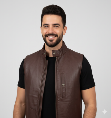 Close-up of the distressed brown leather and antique buttons on the front of a men's vest.