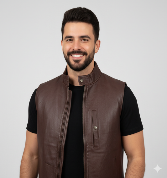 Close-up of the distressed brown leather and antique buttons on the front of a men's vest.