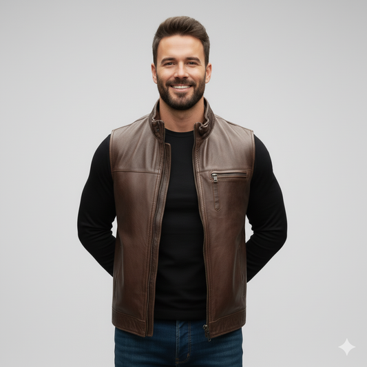 Close-up of the distressed brown leather texture, the shirt collar, and the snap closure on the vest.