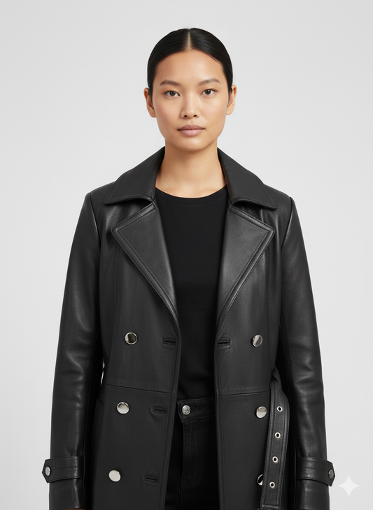 Midi-length black leather coat for women featuring double-breasted silver hardware and buckled cuffs.