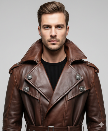 Longline brown leather heritage overcoat for men featuring quilted moto-style sleeve panels and large notch lapels.