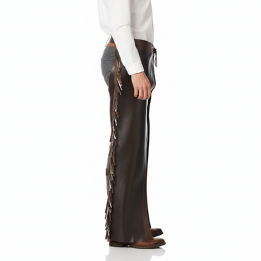 Close-up of the adjustable grommet lace-up front on a pair of brown leather biker chaps.