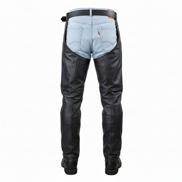 Close-up of the tactical side-entry zipper and adjustable buckle on black grain leather riding chaps.