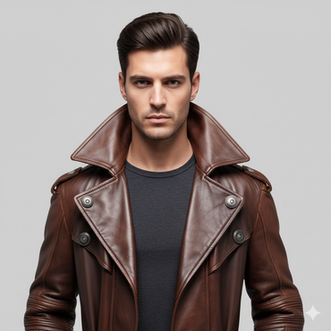 Longline distressed brown leather overcoat for men featuring military shoulder epaulettes and buckled cuffs.