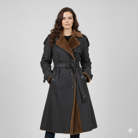 Double-breasted longline winter coat for women featuring a plush brown fur collar and metallic belt buckle.