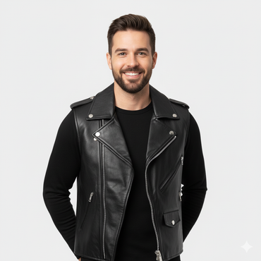 Close-up of the silver zippers, snaps, and lapel detail on the men's black leather biker vest.