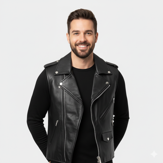 Close-up of the silver zippers, snaps, and lapel detail on the men's black leather biker vest.