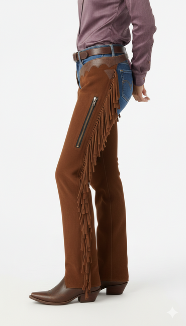 Close-up of the cedar suede texture, integrated thigh zipper, and decorative mahogany leather waistband on riding chaps.