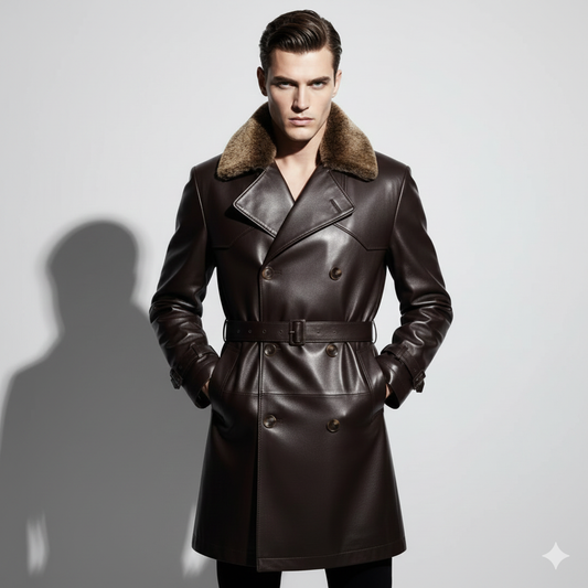 Men's mahogany brown leather trench coat with a brown fur collar and double-breasted buttons.