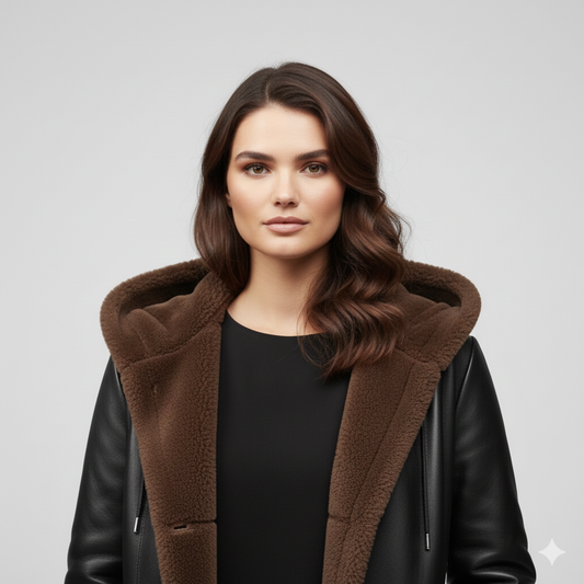 Midi-length black leather winter coat for women featuring a plush chocolate brown fur lining and hidden closure.