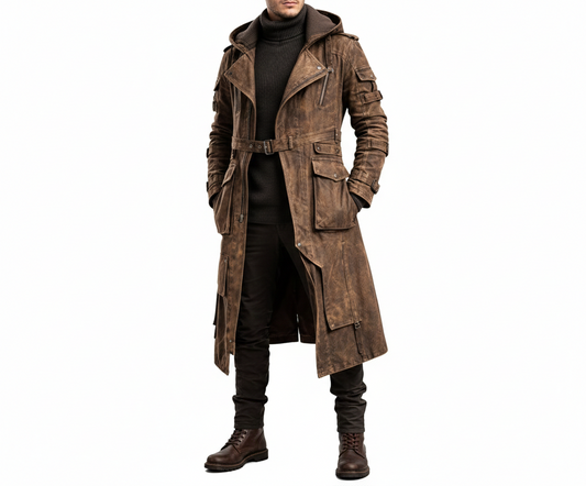 Men's bourbon distressed brown tactical trench coat with a hood and large cargo pockets.