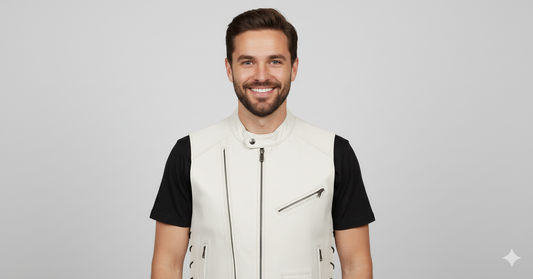 Full-length shot of a man wearing a light cream leather vest over a black t-shirt and blue jeans.