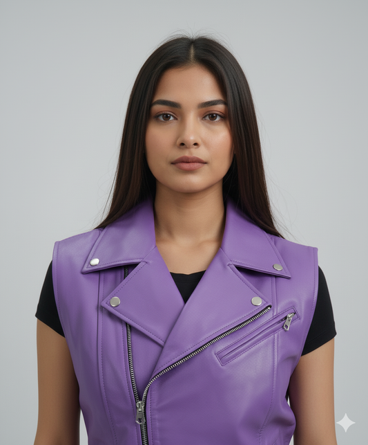 Woman wearing a purple moto vest over a black t-shirt and a black pleated midi skirt, styled with black boots.