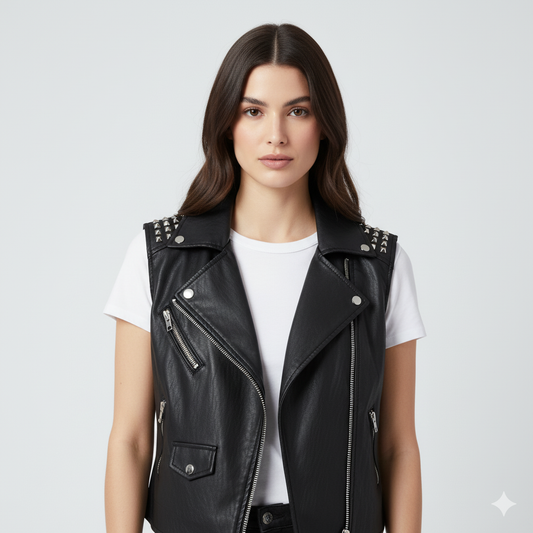 Close-up of the silver stud detailing on the shoulder panel of the black leather biker vest.