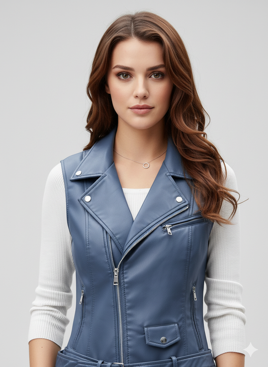 Close-up of the smooth pastel blue leather, silver zippers, and the snap detail on the lapel of the women's vest.