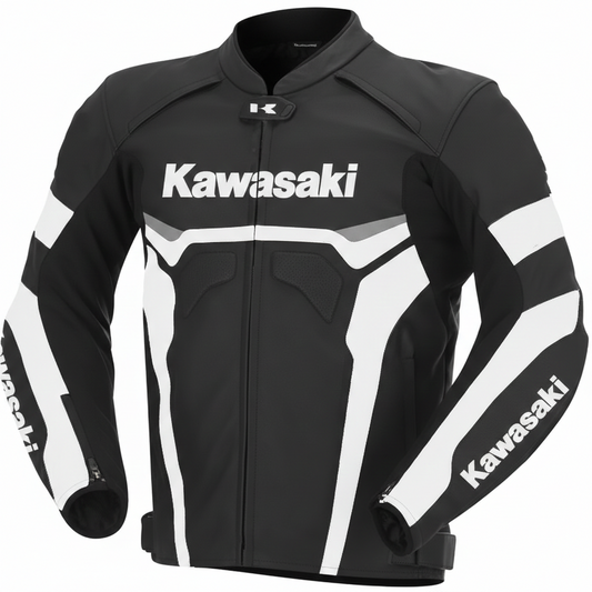 Kawasaki black and white leather motorcycle racing jacket with bold logos and integrated armor.