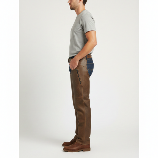 Close-up of the smooth brown leather texture, integrated hip zipper, and silver metallic buckle on professional chaps.