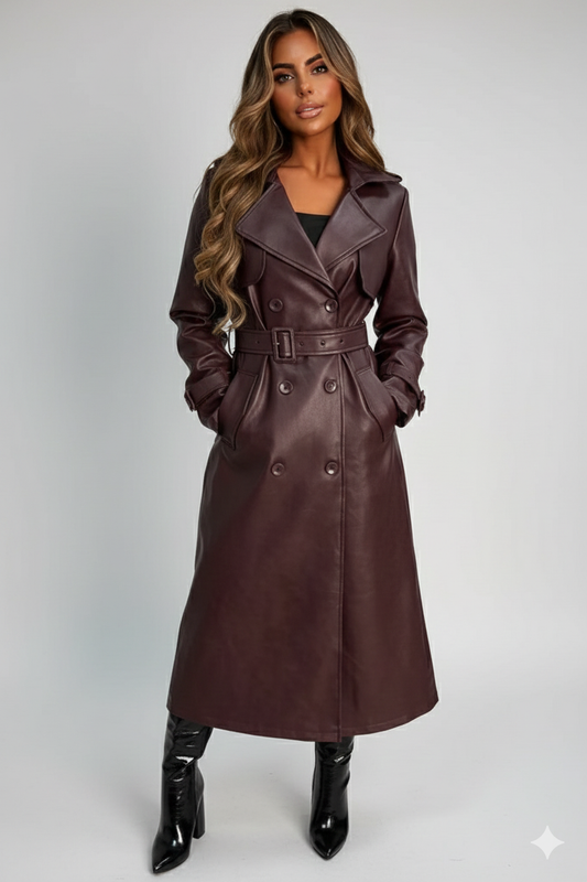 Women's rich chocolate brown leather trench coat featuring double-breasted buttons and a matching waist belt.