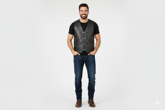 Men's black leather biker vest with asymmetrical zip closure, snap lapels, and silver hardware.