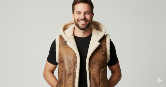 Close-up of a man wearing a warm brown leather vest with a fuzzy shearling hood and strap buckle detail.