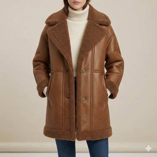 Women's brown leather moto coat with tonal brown shearling trim on the collar and cuffs.
